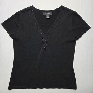 Jones Wear Petite Black Beaded V-Neck Size-M